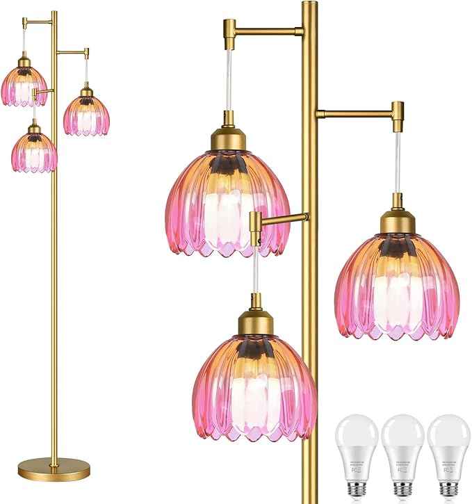 Floor Lamp for Living Room,Bedroom,Gold Mid Century Modern Standing Lamp Brass Tree 3 Light Tall Floor Lamps Vintage Retro Floor Lights Glass Flower Lamp Shade Farmhouse Boho Bohemian