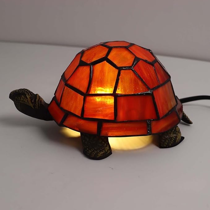 Bieye L10721 Tortoise Tiffany Style Stained Glass Accent Table Lamp for Home Decor (Dark Red)