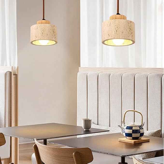 Set of 3 Japanese Travertine Hanging Lamps, Cylinder Natural Stone Pendant Lights Kitchen Island Adjustable Small Chandelier for Dining Room Bedside(Wood,15cm/5.90in)