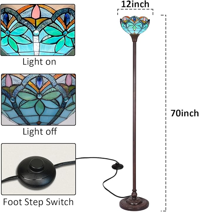 Tiffany Torchiere Floor Lamp - 70" Tall Antique Style Blue Stained Glass Corner Standing Light for Living Room, Bedroom & Home Office