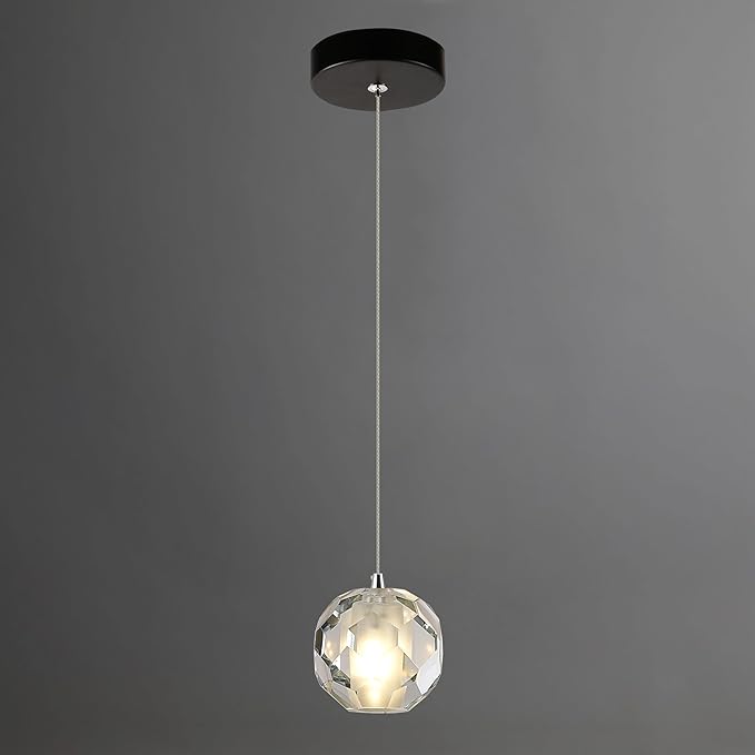 1-Light Black Pendant Light Fixture, Multi-facted Small Crystal Pendant Kitchen Island Light, Adjustable Hanging Pendant Lighting for Dining Room Bathroom Vanity