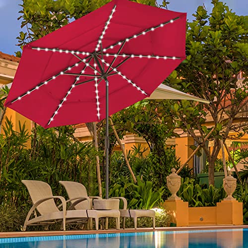 USA 10-Year-Non-Fading 9ft 3-Tier Market Patio Umbrella, Commercial Table Umbrella with 80 Solar LED Lights, Crank Open, Windproof & UPF 50+ UV Protection for Garden, Deck, Pool, Backyard, Logo Red