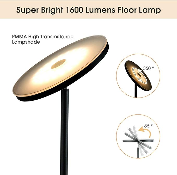 Tangkula Sky LED Torchiere Floor Lamp, Dimmable Standing Light with 3 Light Options, Ideal for Living Room, Bedroom and Office (Black)