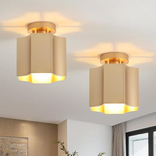 Industrial Gold Ceiling Light 2 Pack, Modern Farmhouse Semi Flush Mount Ceiling Lighting Fixture, Hallway Lighting Fixtures for Kitchen,Bedroom,Foyer,Entryway,Laundry Room,1-Light,7.87in