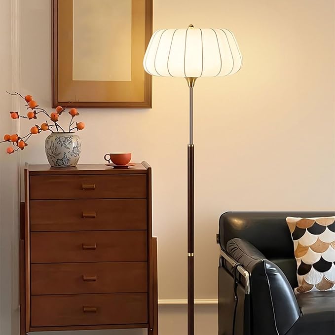 Light Luxury Hotel Bedside Floor Lamp French Wabi-Sabi Style Rubberwood Fabric Standing Lamp H61” E26 3 Tone Light Study Office Torchiere Farmhouse Villa Rustic Lighting Fixture