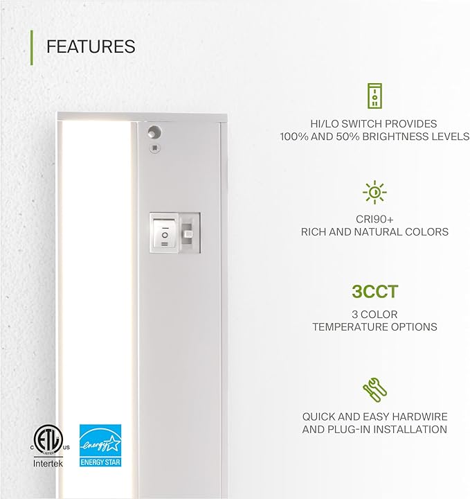 ASD 48 Inch LED Under Cabinet Lighting Plug in or Hardwired, High/Low/Off Switch, 24W 120V 3 CCT 2700K/3000K/4000K CRI90+, Triac Dimmable Linkable Under Counter Lights for Kitchen, ETL Listed, White