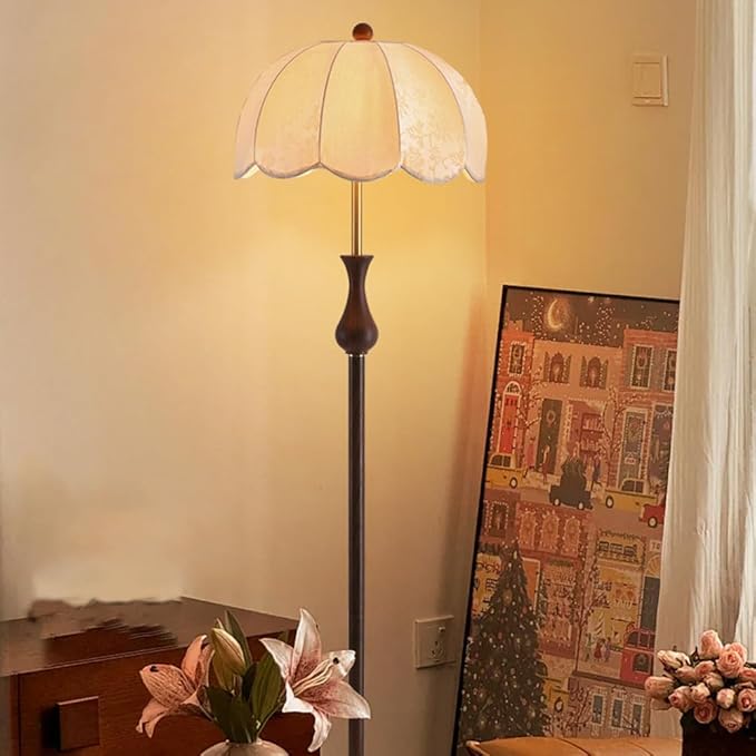 Wabi-sabi Fabric and Wood Grain Floor Lamp with E27 3-Color Dimmer - Modern Tall Lamp for Living Room, Reading Room, Bedroom, Dining Room