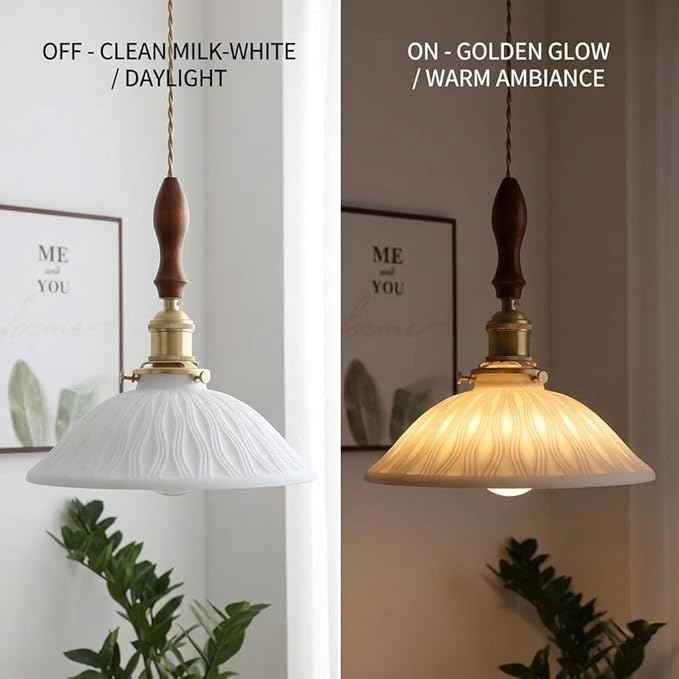 Pendant Light Hanging Lamp Ceiling Light Fixture Pleated Ceramic Shade Walnut Wood Accent Pure Brass Hardware 9.25 Inch for Kitchen Island Dining Room Bedroom Bedside Hallway Corridor Bar(B)