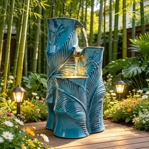 Autodaya Tropical Turquoise Ceramic Outdoor Water Fountain with Lights