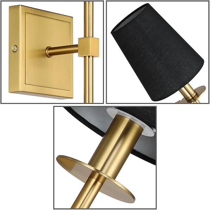 XiNBEi Lighting Wall Sconces Set of 2, Hardwired Brushed Brass Sconce Lighting with Black Fabric Shade Modern Wall Mount Light Fixture for Bathroom Bedroom Living Room Hallway XB-W1307-BS
