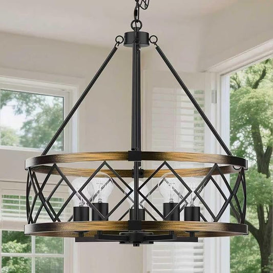 5-Lights Black&Gold Chandelier, Farmhouse Chandelier for Dining Room Lighting Fixture,Metal Hanging Pendant Lights for Kitchen Island Living Room Bedroom and Entryway