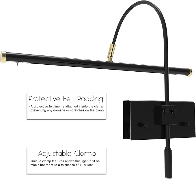 Cocoweb 19" Grand Piano Lamp - Adjustable, Black with Brass Accents, LED Clip-on with Dimmer - GPLED19D - Aura Lighting