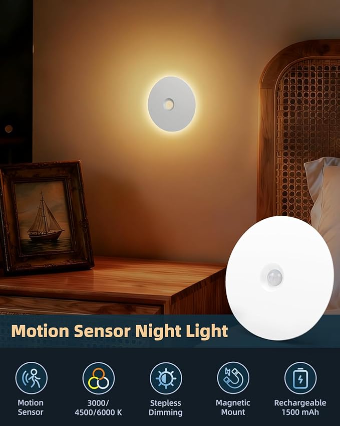 Yiliaw Motion Sensor Night Light, Rechargeable Nightlight Indoor, Warm White with Wireless Magnetic Mount, Adjustable Brightness & 3 Color Temps for Hallway, Stairway, Bathroom, Closet (2 Pack)