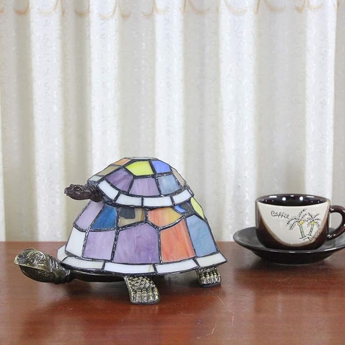 Bieye L10217 Tortoise Tiffany Style Stained Glass Accent Table Lamp for Bedside Living Room Bedroom (Multi-Colored Double)