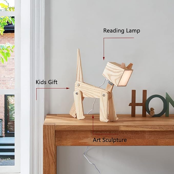 Unique Bedside Table Lamp Cat Adjustable Body Wooden Desk Lamp with Dimmable Touch Switch Warm White Light for Kids Room, Living Room, Boy's Girl's Bedroom, College Dorm, Bookcase