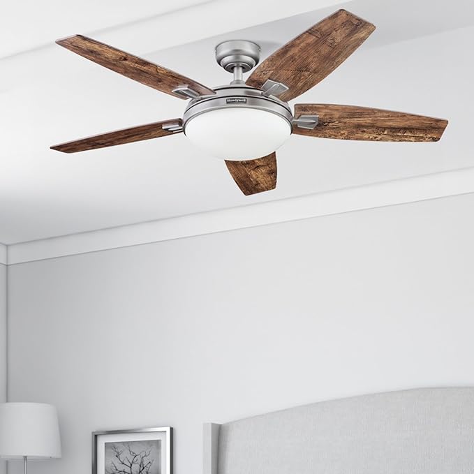 Honeywell Ceiling Fans Carmel Modern 48 Inch Ceiling Fan with Light, Remote Control Fan, LED Indoor Fan with 5 Blades, Gray Oak and Brown Chestnut Blade Finish Options, Silver (51627-01)
