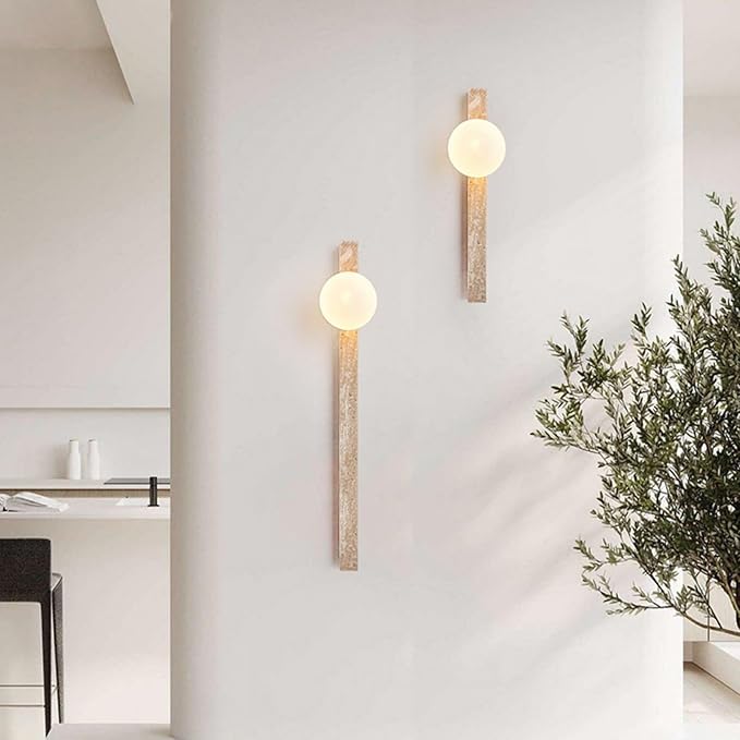 Modern Yellow Travertine Wall Sconce, Japanese Style Wabi Sabi Light Fixture with Natural Stone Base & Glass Lampshade, Interior Decoration Wall Lamp for Bedroom Living Room Hallway(60cm)