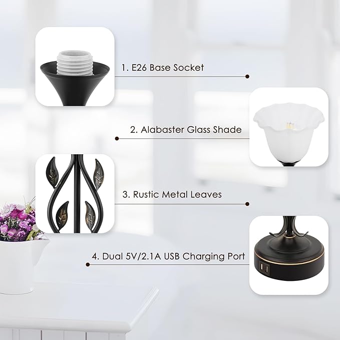 Touch Table Lamps for Bedroom Set of 2, Bedside Lamps with USB Ports, 3-Way Dimmable Decorative Nightstand Lamp Rustic Leaf Torchiere Glass Flower Lamp for Living Room Dresser (Bulbs Included)