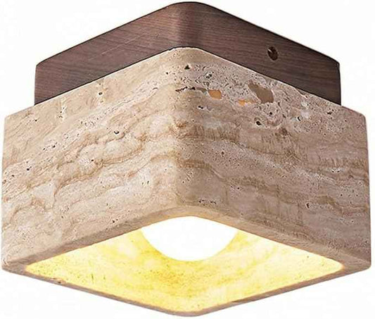 Modern Natural Travertine Ceiling Light, Square Flush Mount Lamp Wabi-Sabi Hallway Lamp, Stone Entryway Fixture Hand Polished Rustic Decor for Aisle and Corridor, 4.7 Inch(Natural Wood)