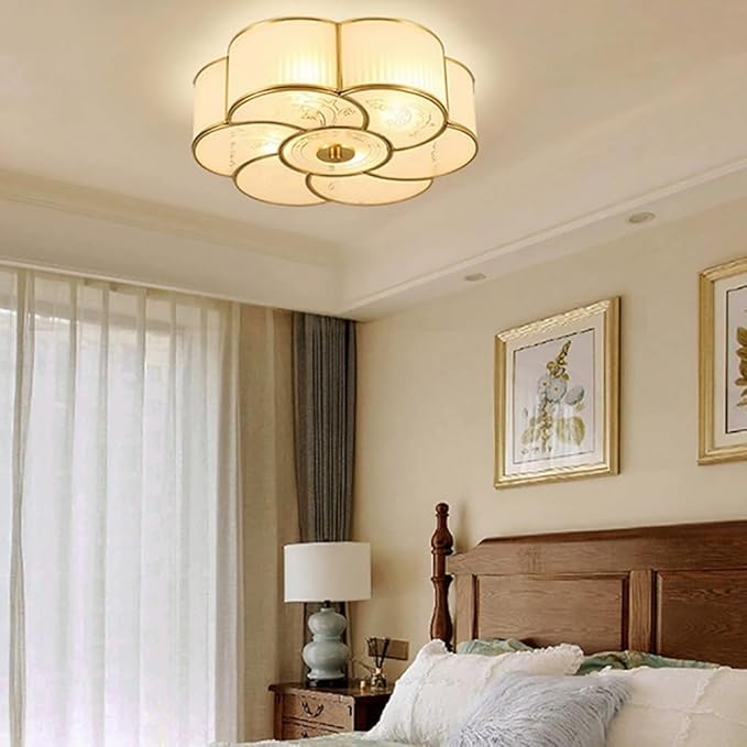 Brass Flush Mount Ceiling Light, Vintage Frosted Glass Ceiling Lighting Fixture, 4 Lights Classic Ceiling Lamp for Bedroom Nursery Living Room (Flower, 17.7")