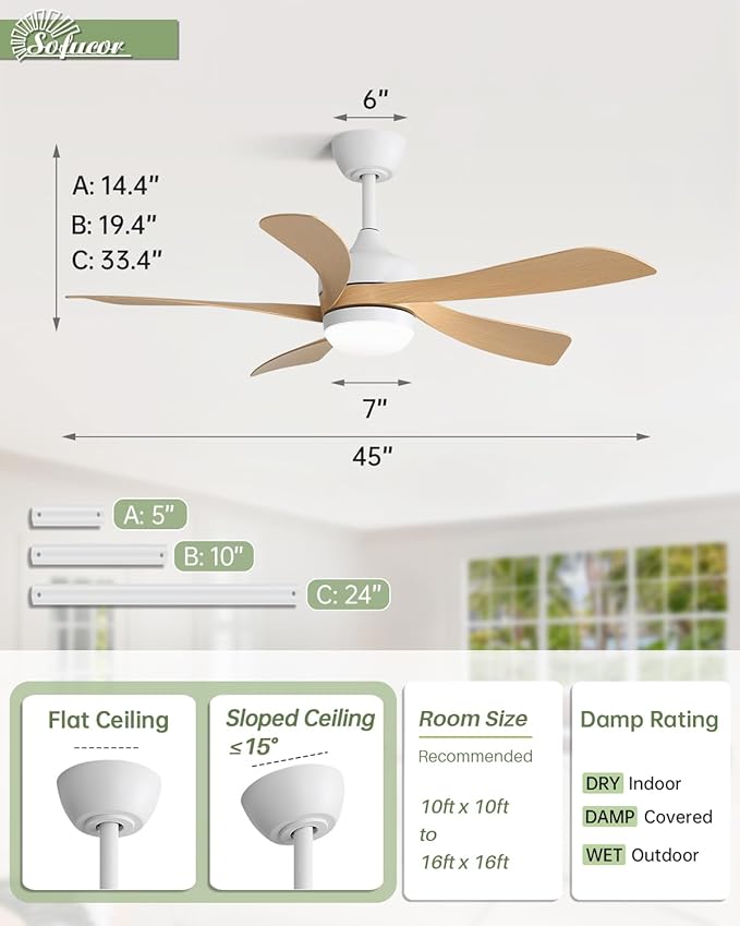 Sofucor 45" Smart Ceiling Fan, Outdoor Modern Ceiling Fans with Lights and Remote, Works with Alexa/Google/App, 3-Color Light 6-Speed Timing Reversible DC Motor for Living Room Bedroom Patio