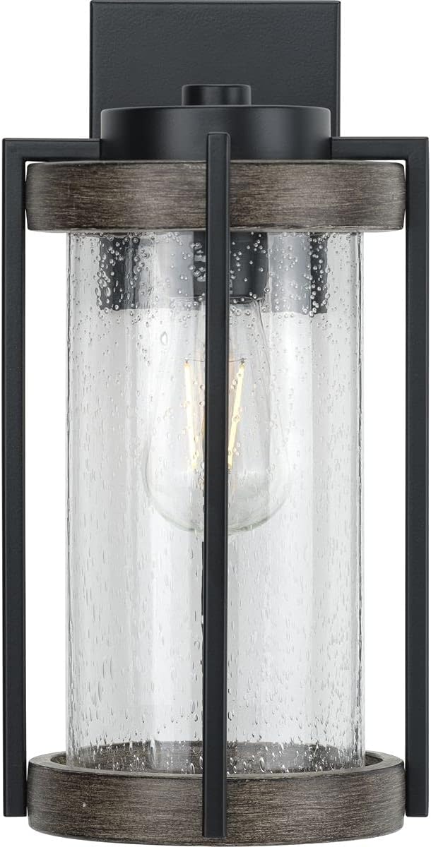 Whitmire Collection 1-Light Clear Seeded Glass Light Aged Oak Accents Farmhouse Outdoor Wall Lantern Light Matte Black