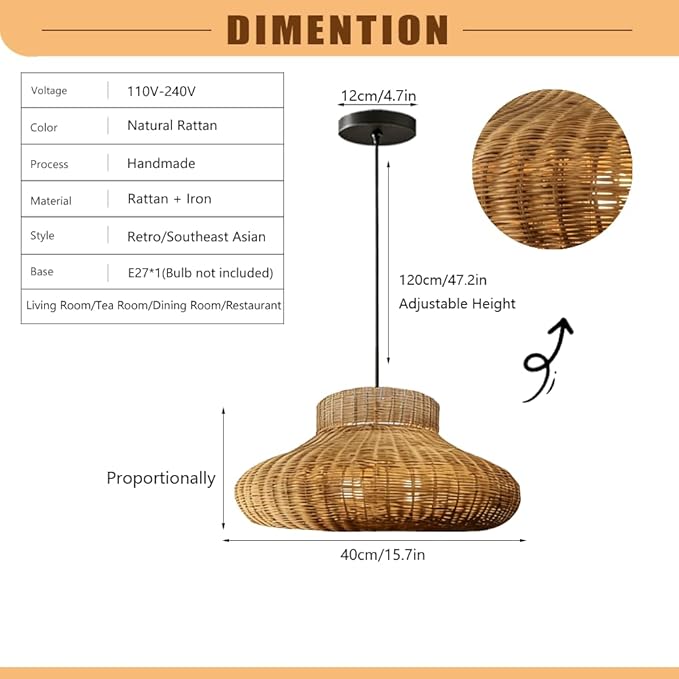 Lantern Shape Rattan Pendant Light, Handwoven Wicker Chandelier,Natural Plant Rattan Hanging Lamp,Japanese Wabi-Sabi Chinese Zen Southeast Asian Fixture,for Living Room Tea Room Restaurant