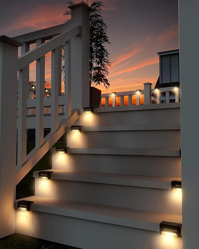 JACKYLED 16 Pack, Step Lights Waterproof LED Solar Power Outdoor Fence Light for Deck Stair Railing, Outside Lighting for Wall Garden Backyard Patio Balcony Decor