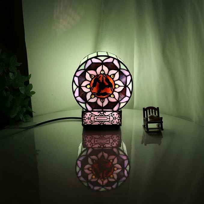 Bieye L12017 Tiffany Style Stained Glass Desk Clock Table Lamp with Lotus Flower Design (Three Hares)