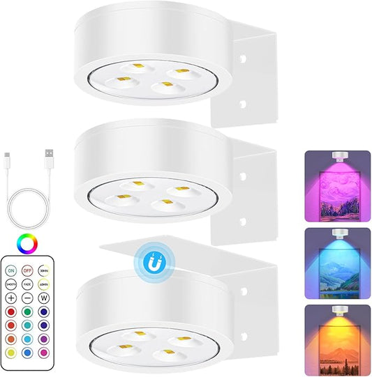 13 RGB Color Changing Led Art Display Light for Picture Frame,Rechargeable Battery Operated Led Painting Light with Remote Control Dimmable & Timer,3Pack White
