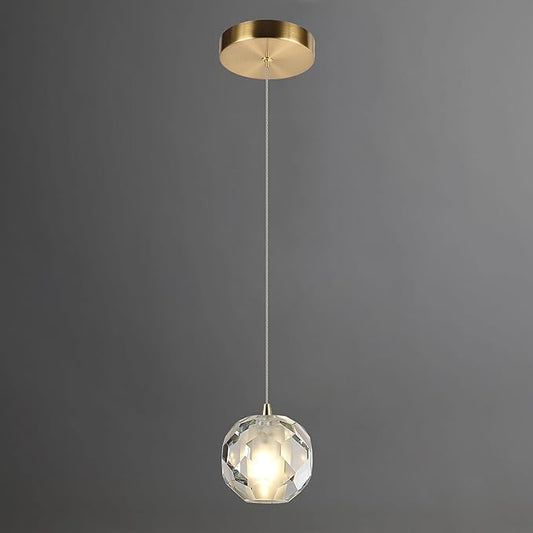 1-Light Brass Pendant Light Kitchen Island, Multi-facted Small Crystal Pendant Light Fixture, Adjustable Hanging Pendant Lighting for Dining Room Bathroom Vanity