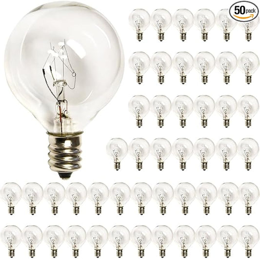 SUNSGNE G40 Replacement Light Bulbs, 5 Watt Clear Bulbs 1.5 Inch Globe Light Bulbs for Indoor Outdoor String Lights Replacement, Fits E12/C7 Screw Base Socket, 50 Pack