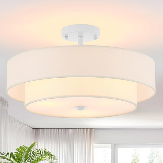 Modern Semi Flush Mount Ceiling Light, 18" Modern White 3-Lights Drum Ceiling Lighting Fixture, Vintage Linen White Ceiling Lamp for Laundry Room, Kitchen, Basement, Dining Room, Bedroom