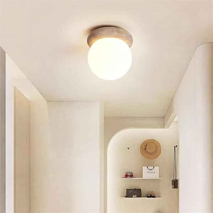 E26/E27Natural Yellow Travertine Semi Flush Mount Ceiling Light, 6-Inch Round Frosted Glass Globe, E26 Wabi-Sabi Japandi Style, Modern Minimalist Decor or Hallway, Entryway