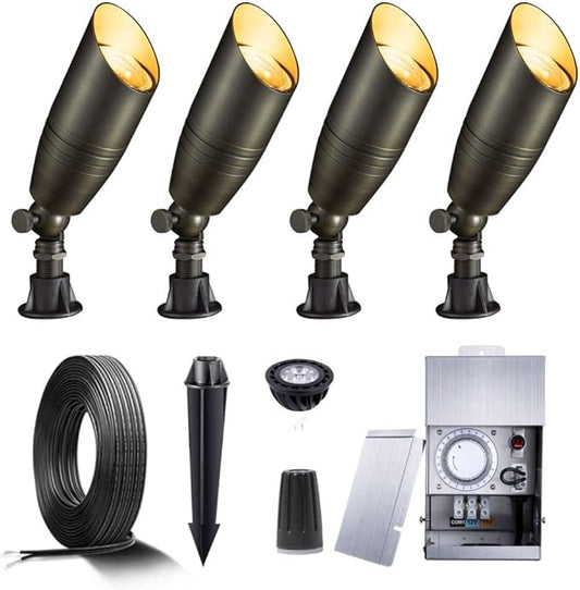 Gardenreet Brass Landscape Lighting Kit (4 Pack LED Spotlights) with 75W Low Voltage Transformer and Mechanical Timer and 100 Feet Cable and 20 Pack Wire Connectors for Outdoor Garden Patio - Aura Lighting