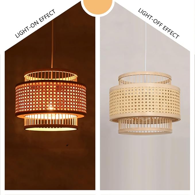 Double Layer Bamboo Pendant Light, Handwoven Japanese Zen Wabi Sabi Hanging Lamp, Natural Chandelier,Country-Style Dining Room LightFixture for Tea Room Guesthouse Living Room