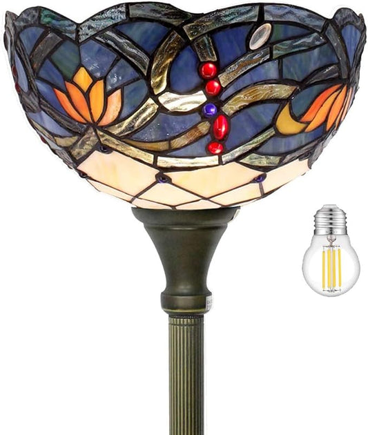 WERFACTORY Tiffany Floor Lamp Blue Lotus Flower Stained Glass Light 12X12X71 Inches Pole Torchiere Standing Corner Torch Uplight Decor Bedroom Living Room Home Office S220 Series
