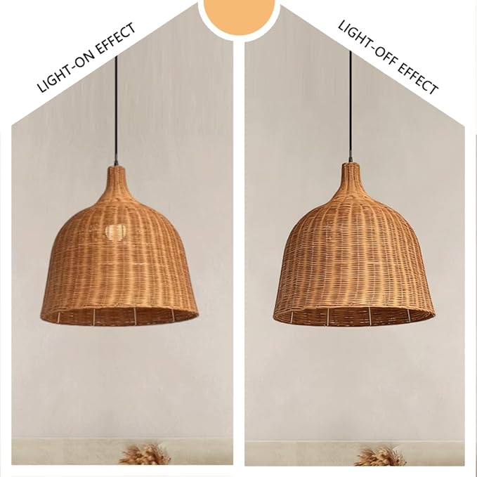 Rattan Pendant Light, Japanese Wabi-Sabi Bell Wicker Chandelier, Zen Handwoven Hanging Lamp, Farmhouse Kitchen Island Lighting Fixture,for Chinese Restaurant Tea Room Hotel Coffee Shop, E27