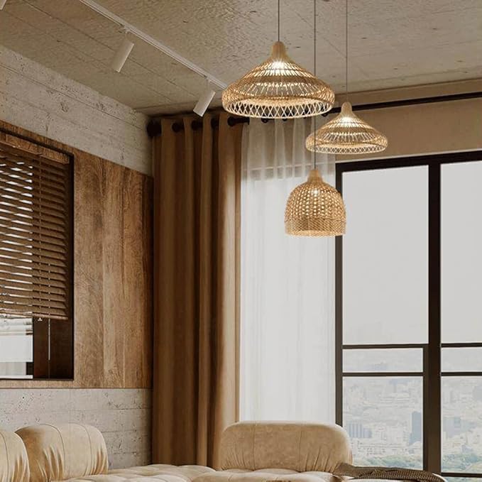 Rattan Wicker Pendant Light,Japanese Wabi-Sabi Vintage Bamboo Chandelier,Zen Natural Handwoven Hanging Lamp with Solid Wood Ceiling Plate,Living Room Fixture for Dining Room Bedside