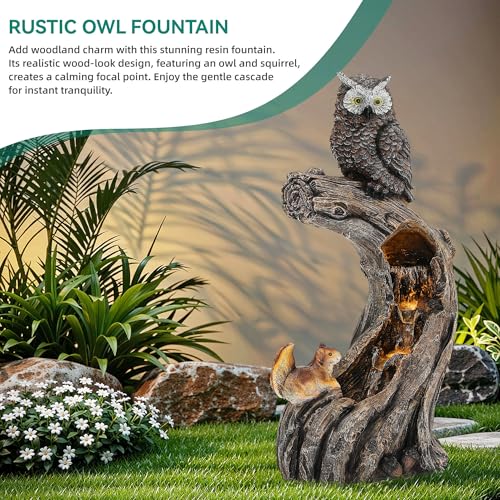 32" H Owl Tree Trunk Outdoor Fountain with Warm LED Lights