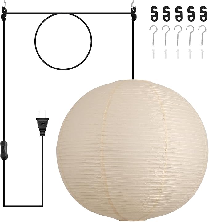Paper Lantern Lamp Plug in Hanging Lamp 23.6in Off-White Rice Paper Pendant Light with 19.7FT Cord Large Globe Japanese Japandi Wabi Sabi Chandelier for Dining Living Room Bedroom 1 Pack