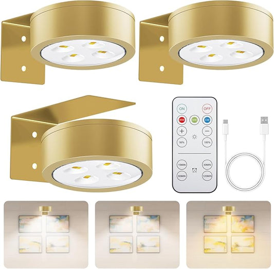 Wireless Magnetic Picture Lights LED Mural Light Rechargeable Battery-Powered Wall Frame Lights with 3 Lighting Modes, Remote Control, and Timer 3Pack Gold