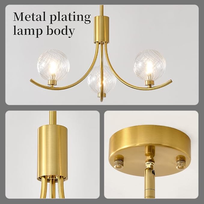 3-Head Gold Modern Chandelier with 3 Clear Glass Globe Bulbs, Globe Chandelier, Elegant Lamps with Gold Accents, Ceiling Light for Living Room Kitchen Island Bedroom Entryway