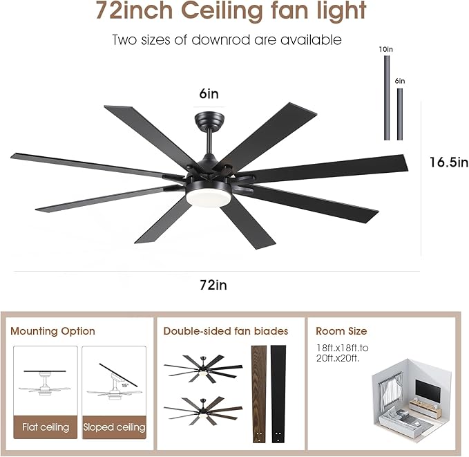 72 Inch Large Ceiling Fans with Lights and Remote, Indoor/Outdoor Black Modern Industrial Ceiling Fan with light for Living Room Patios Porch, Reversible Quiet Motor, 8 Dual Finish Blades