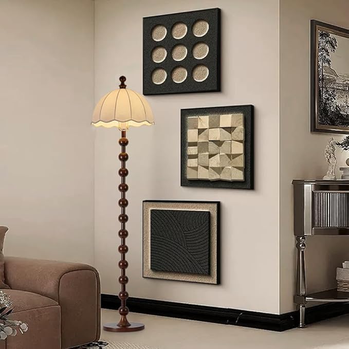 Wabi-sabi Wooden Floor Lamp 64.2" Linen Floor Light Walnut Globe Body Tall Lamp with E26 Dimmable Drum-Shaped Fabric Standing Light for Living Room Meeting Room Study Bedroom