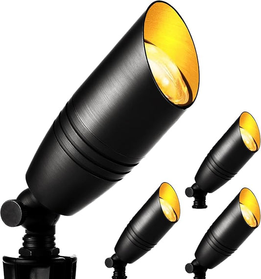 wowlite Low Voltage Spot Lights Outdoor LED 4 Pack, Die-cast Aluminum Landscape Spotlights, Waterproof Black Uplights with MR16 Bulbs Ground Stake for Garden Courtyard Pathway - Aura Lighting