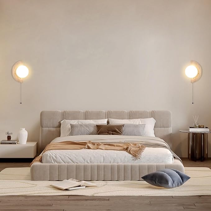 Semi Circle Yellow Travertine Wall Sconce, Wabi Sabi Marble Wall Light with Glass Lampshade and Pull Switch, Half Moon Natural Stone Wall Lamp for Bedroom Living Room Hallway(Left)