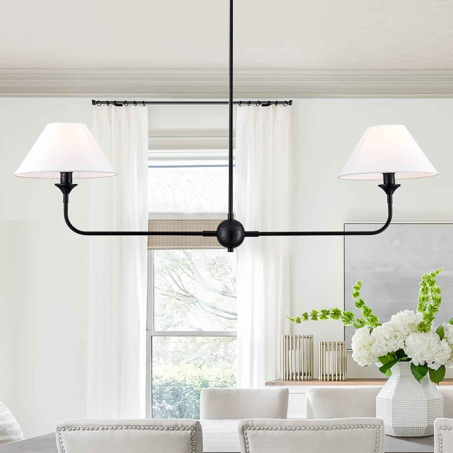 Modern Linear Chandelier, 2-Light Linear Kitchen Island Lighting Fixture with Off-White Fabric Shade, Rustic Pendant Light for Dining Room Bedroom
