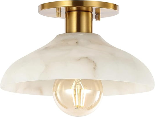 JONATHAN Y 10" White/Brass Gold Modern LED Semi Flush Mount Ceiling Fixture, Alabaster Shade for Hallway Bedroom Foyer, Mid-Century Dimmable Lamp, Edison LED Bulb Included JYL1207A