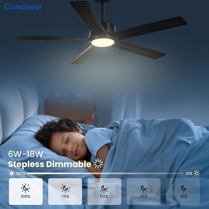 Modern Ceiling Fans with Lights,52 Inch Ceiling Fans with Remote for Bedroom Living Room Kitchen, 18W 3CCT Dimmable，5 Blades 6 Speed Reversible Quiet DC Motor Black